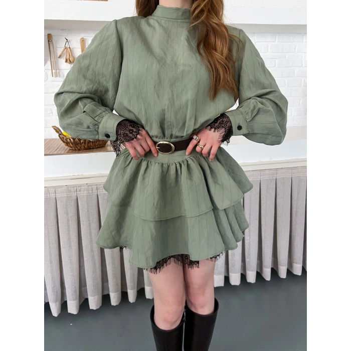 Arka Bağlama Detaylı Dantelli Elbise Haki