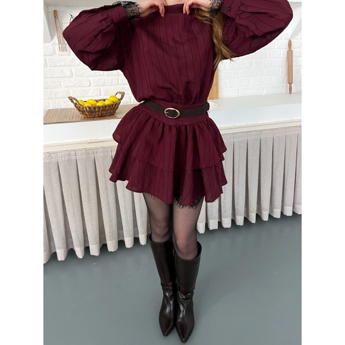 Arka Bağlama Detaylı Dantelli Elbise Bordo