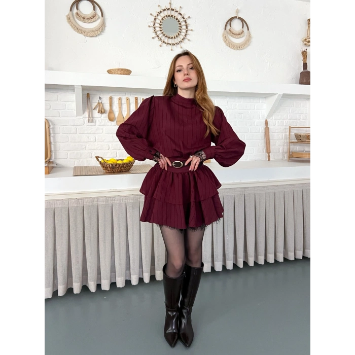 Arka Bağlama Detaylı Dantelli Elbise Bordo