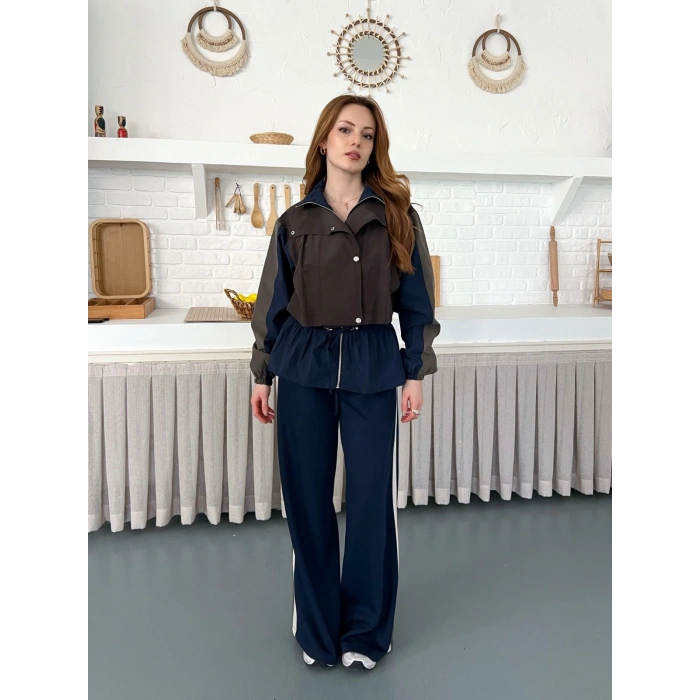 Blok Renk Tasarımlı Çıtçıt Detaylı Bel Lastikli Takım Kahve