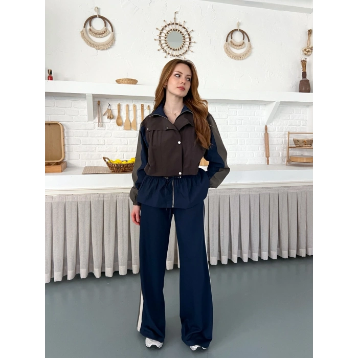 Blok Renk Tasarımlı Çıtçıt Detaylı Bel Lastikli Takım Kahve