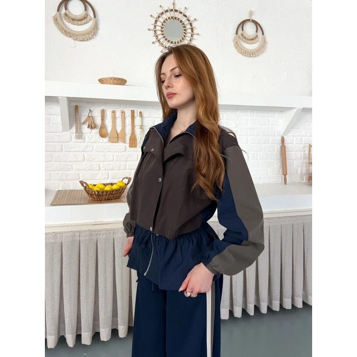 Blok Renk Tasarımlı Çıtçıt Detaylı Bel Lastikli Takım Kahve