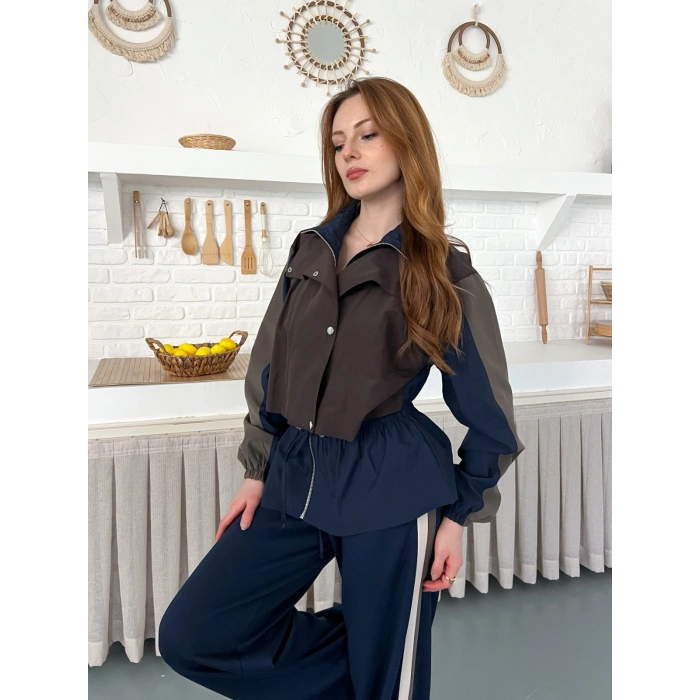 Blok Renk Tasarımlı Çıtçıt Detaylı Bel Lastikli Takım Kahve