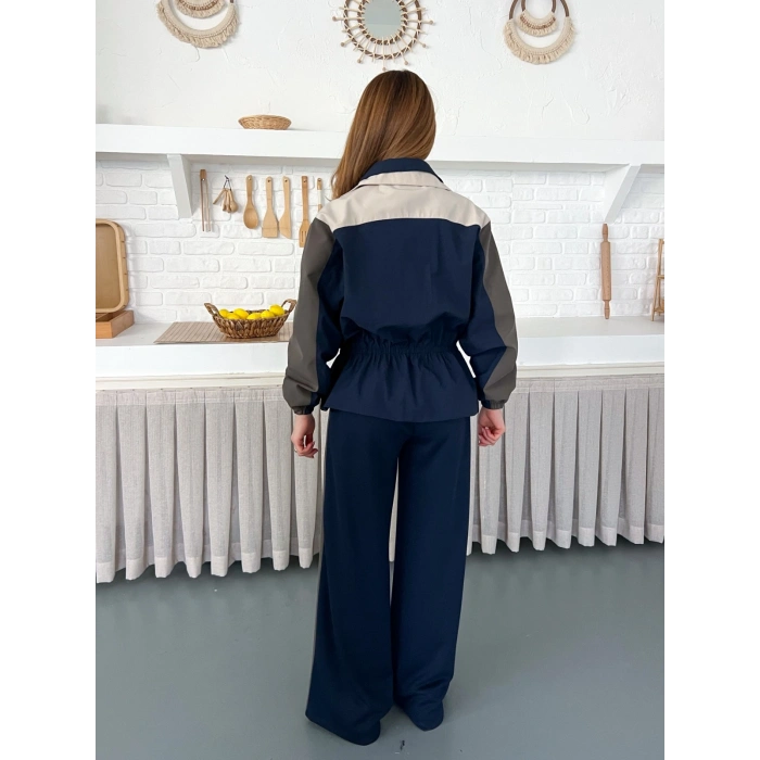 Blok Renk Tasarımlı Çıtçıt Detaylı Bel Lastikli Takım Bej