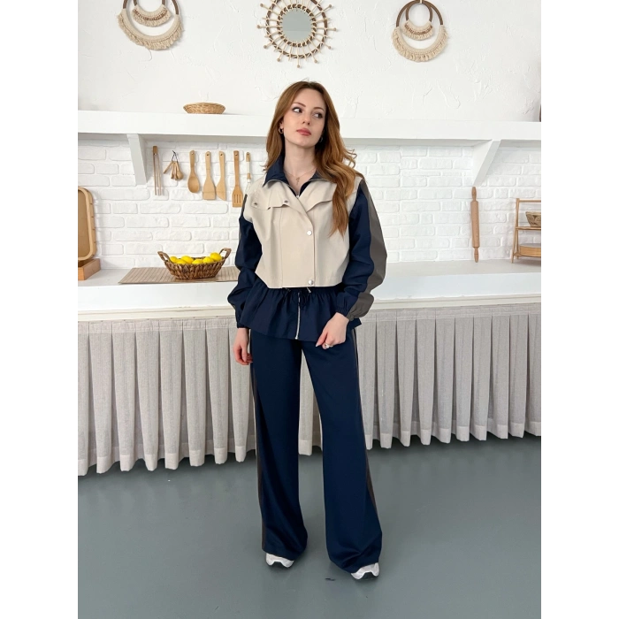 Blok Renk Tasarımlı Çıtçıt Detaylı Bel Lastikli Takım Bej