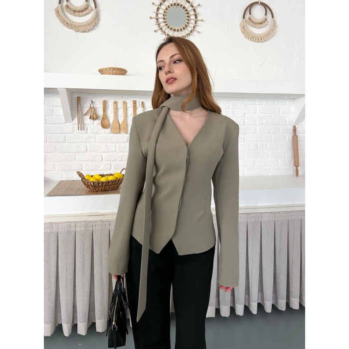 Fular Detaylı Düğmeli Ceket Haki