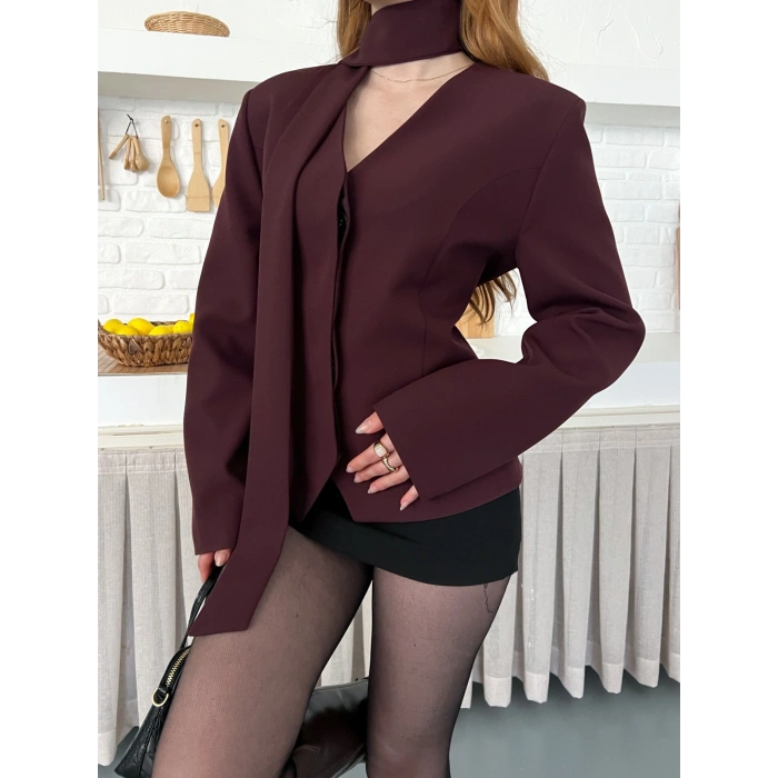 Fular Detaylı Düğmeli Ceket Bordo