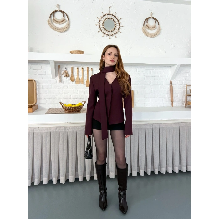 Fular Detaylı Düğmeli Ceket Bordo