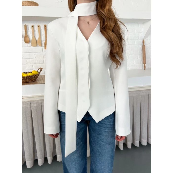 Fular Detaylı Düğmeli Ceket Beyaz