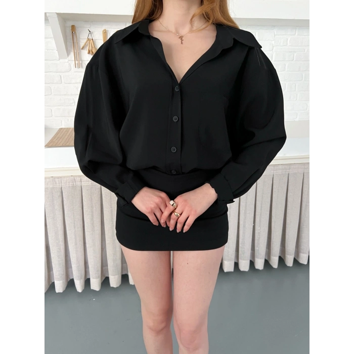 Dökümlü Yumos Dokulu Oversize Salaş Gömlek Siyah