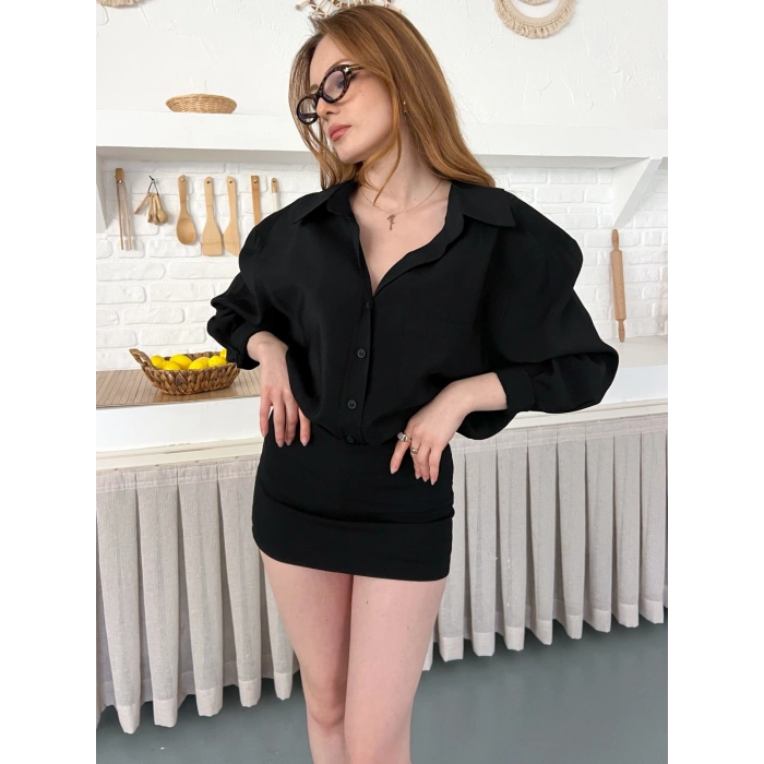 Dökümlü Yumos Dokulu Oversize Salaş Gömlek Siyah