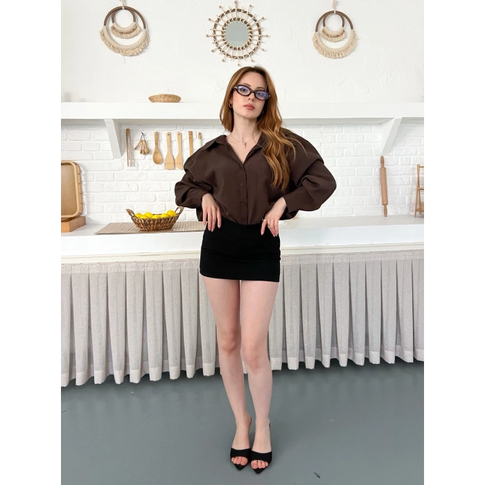 Dökümlü Yumos Dokulu Oversize Salaş Gömlek Kahve