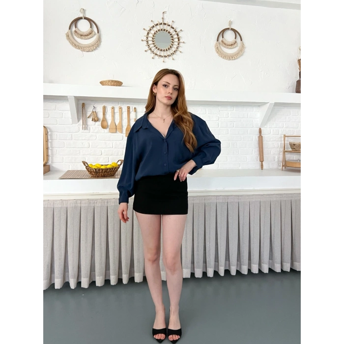 Dökümlü Yumos Dokulu Oversize Salaş Gömlek Petrol Mavisi