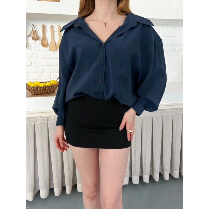 Dökümlü Yumos Dokulu Oversize Salaş Gömlek Petrol Mavisi