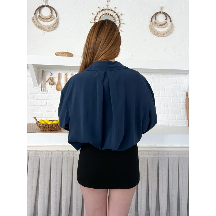 Dökümlü Yumos Dokulu Oversize Salaş Gömlek Petrol Mavisi