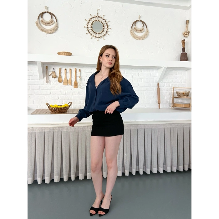 Dökümlü Yumos Dokulu Oversize Salaş Gömlek Petrol Mavisi