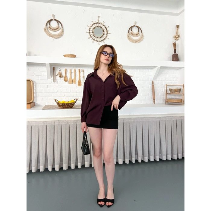 Dökümlü Yumos Dokulu Oversize Salaş Gömlek Mürdüm