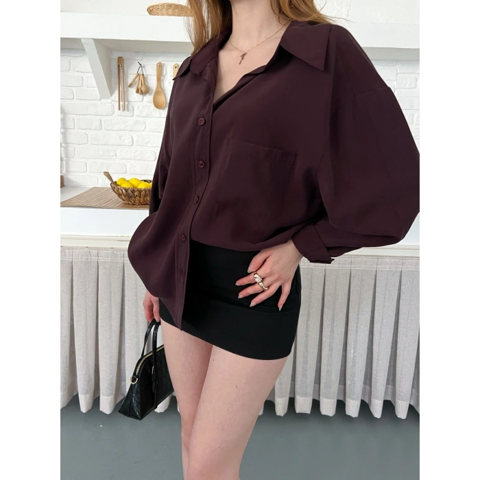 Dökümlü Yumos Dokulu Oversize Salaş Gömlek Mürdüm