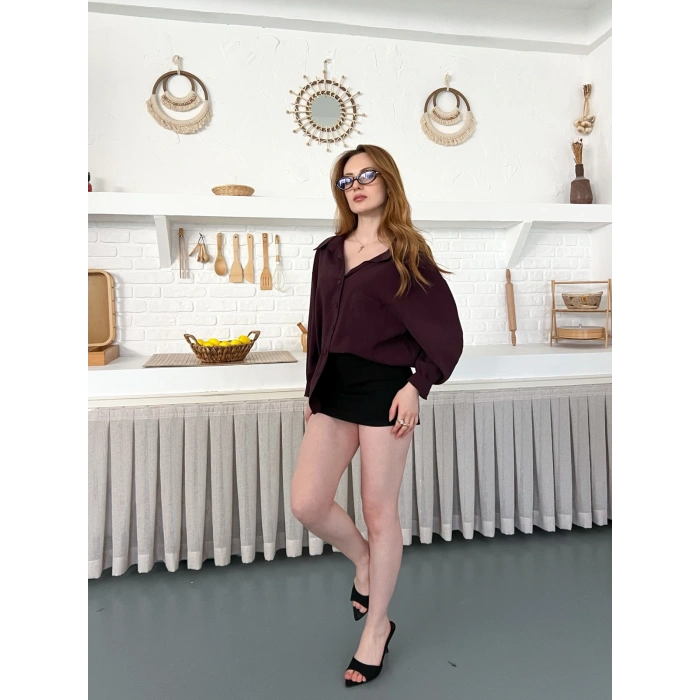 Dökümlü Yumos Dokulu Oversize Salaş Gömlek Mürdüm