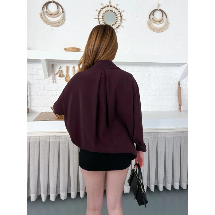 Dökümlü Yumos Dokulu Oversize Salaş Gömlek Mürdüm