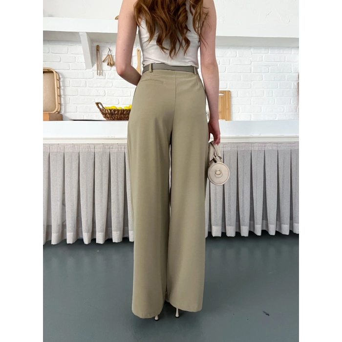 Kemerli Yüksek Bel Bol Paça Pantolon Haki