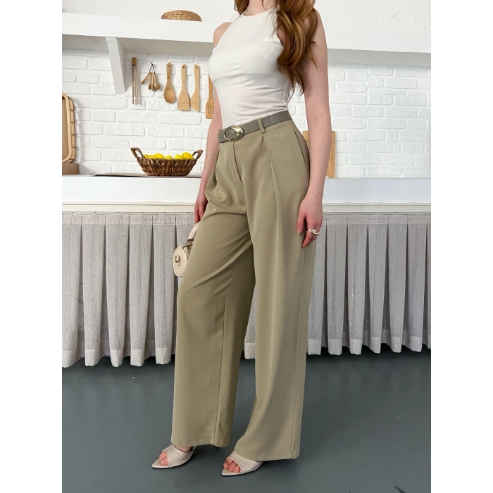 Kemerli Yüksek Bel Bol Paça Pantolon Haki