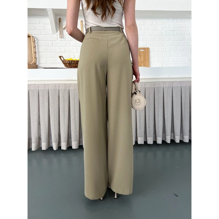 Kemerli Yüksek Bel Bol Paça Pantolon Haki