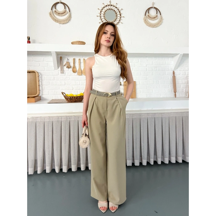 Kemerli Yüksek Bel Bol Paça Pantolon Haki