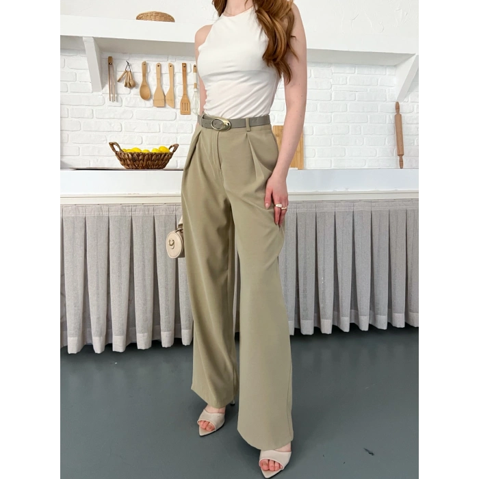 Kemerli Yüksek Bel Bol Paça Pantolon Haki