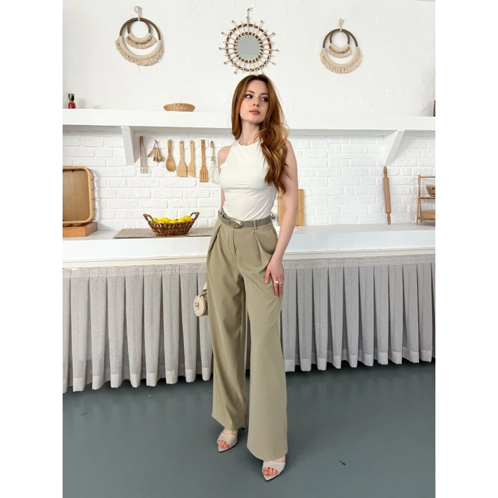 Kemerli Yüksek Bel Bol Paça Pantolon Haki