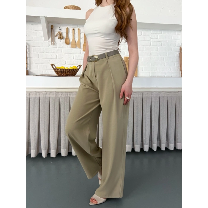 Kemerli Yüksek Bel Bol Paça Pantolon Haki
