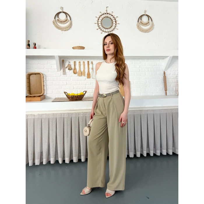 Kemerli Yüksek Bel Bol Paça Pantolon Haki