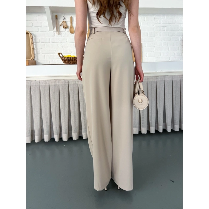 Kemerli Yüksek Bel Bol Paça Pantolon Bej