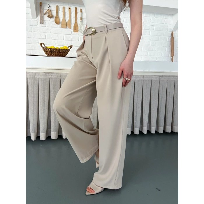 Kemerli Yüksek Bel Bol Paça Pantolon Bej