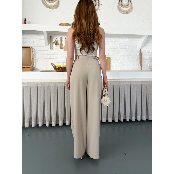 Kemerli Yüksek Bel Bol Paça Pantolon Bej