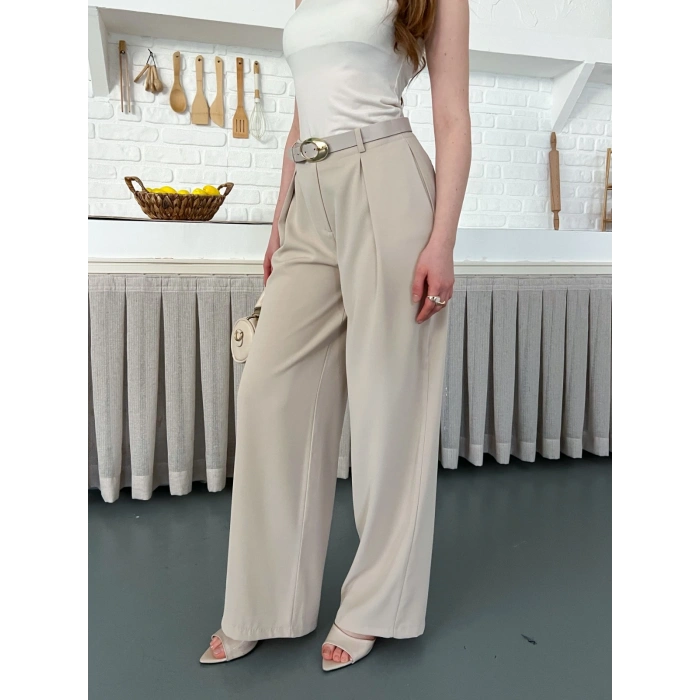 Kemerli Yüksek Bel Bol Paça Pantolon Bej