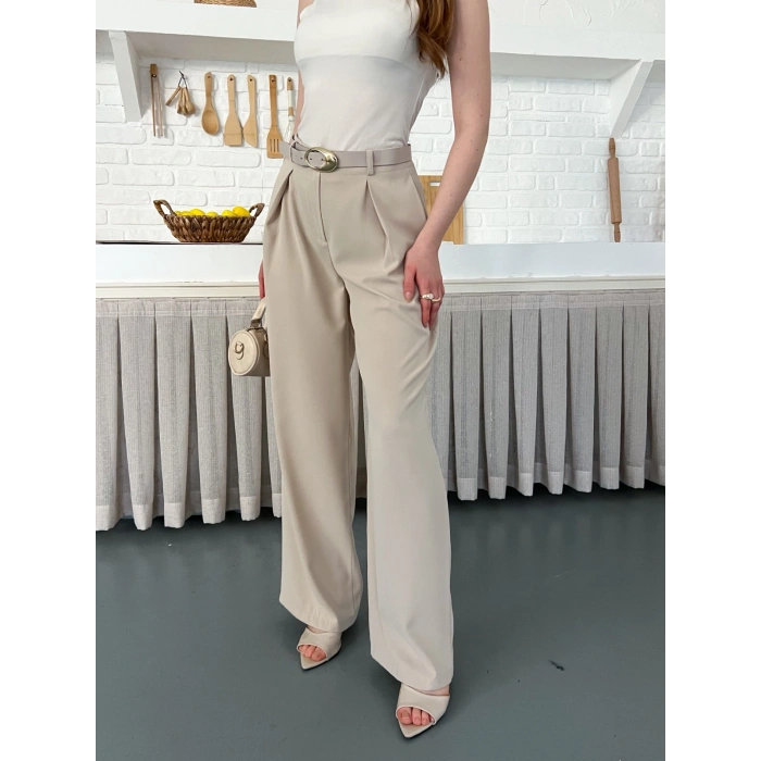 Kemerli Yüksek Bel Bol Paça Pantolon Bej