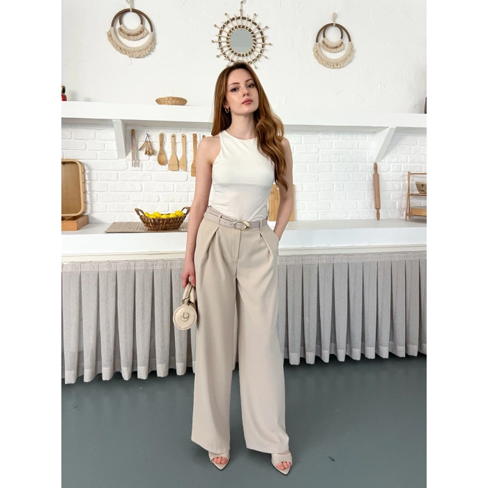Kemerli Yüksek Bel Bol Paça Pantolon Bej