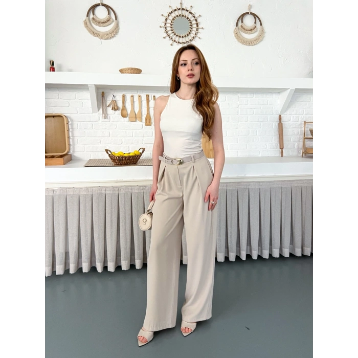 Kemerli Yüksek Bel Bol Paça Pantolon Bej