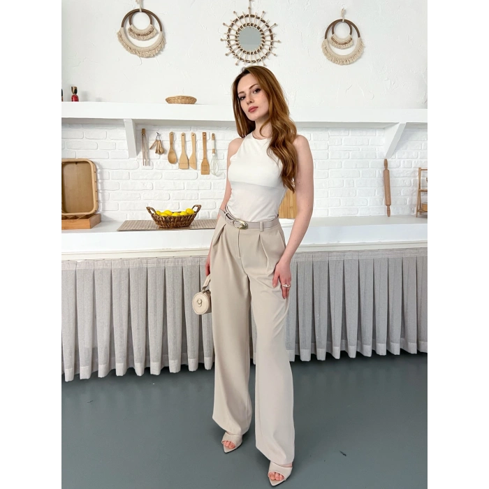 Kemerli Yüksek Bel Bol Paça Pantolon Bej