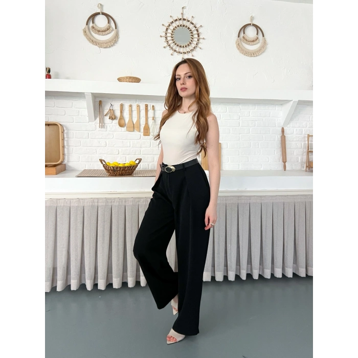 Kemerli Yüksek Bel Bol Paça Pantolon Siyah