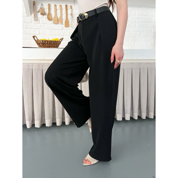 Kemerli Yüksek Bel Bol Paça Pantolon Siyah