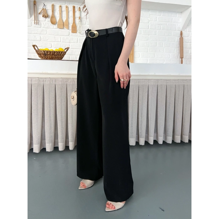 Kemerli Yüksek Bel Bol Paça Pantolon Siyah