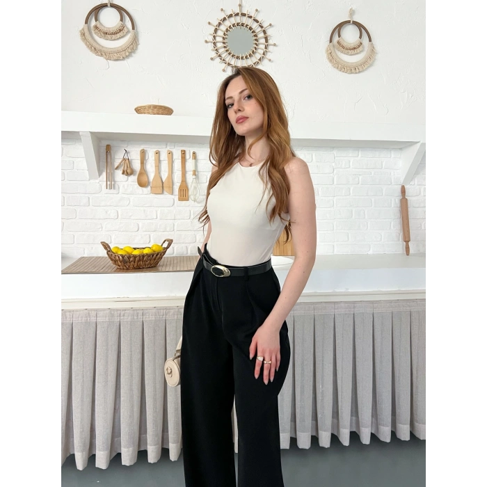 Kemerli Yüksek Bel Bol Paça Pantolon Siyah