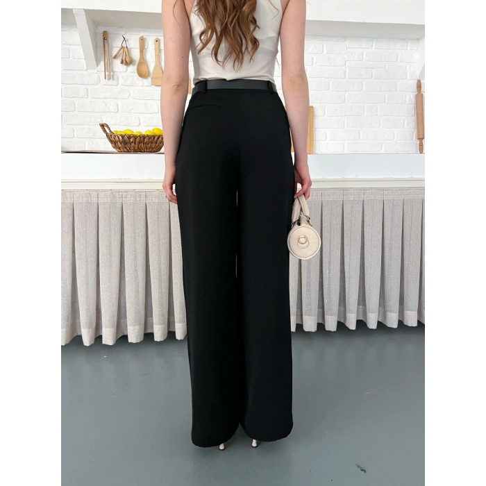 Kemerli Yüksek Bel Bol Paça Pantolon Siyah