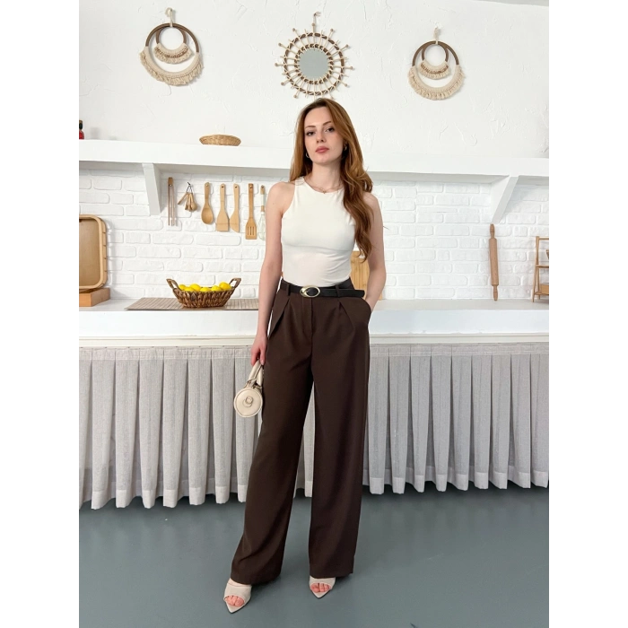 Kemerli Yüksek Bel Bol Paça Pantolon Kahve