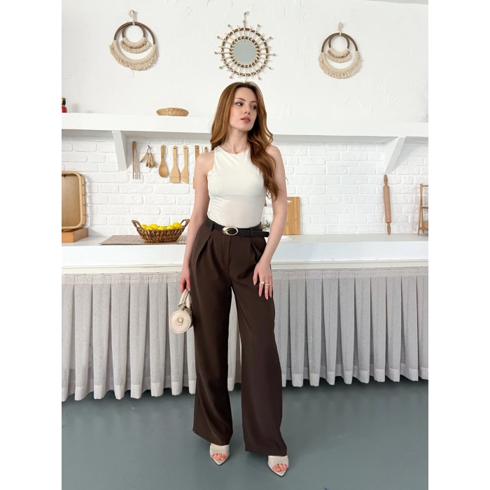Kemerli Yüksek Bel Bol Paça Pantolon Kahve