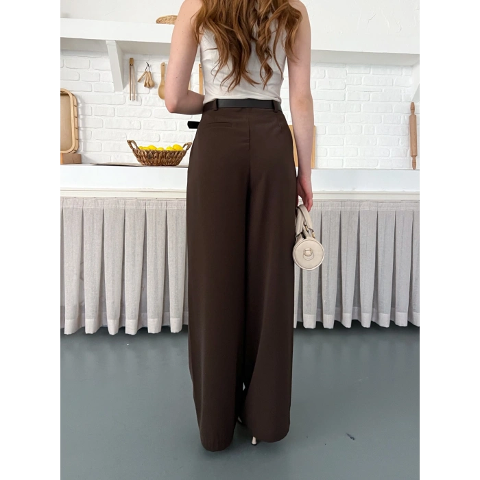 Kemerli Yüksek Bel Bol Paça Pantolon Kahve