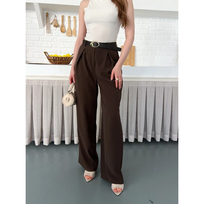 Kemerli Yüksek Bel Bol Paça Pantolon Kahve