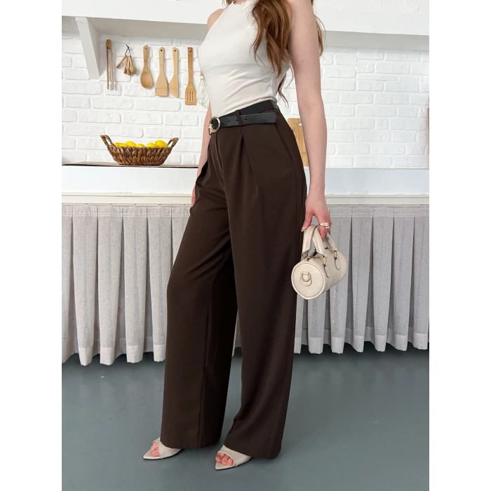 Kemerli Yüksek Bel Bol Paça Pantolon Kahve
